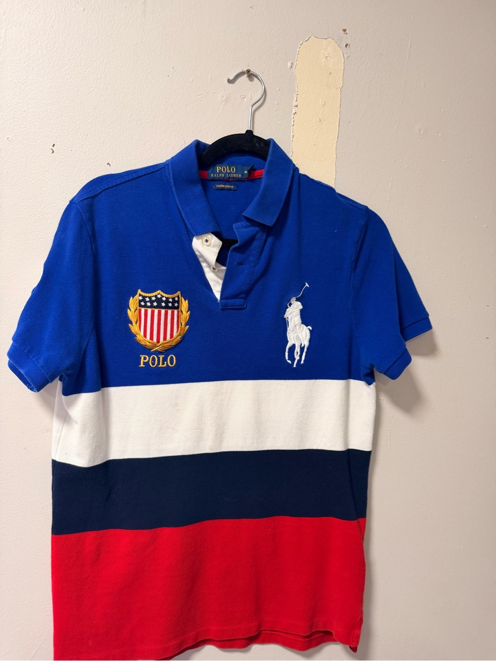 Ralph Lauren Blue White Navy Red Striped Polo Shirt with Crest